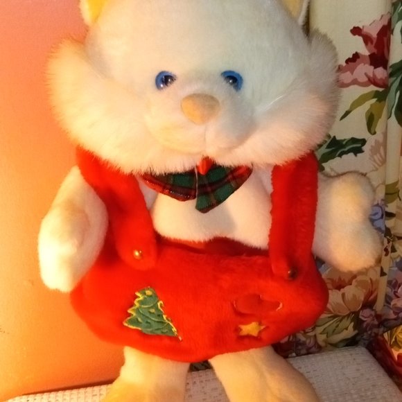 BEAUTIFUL VINTAGE 20" INCH BLUE EYED WHITE CAT CHRISTMAS STOCKING - Picture 1 of 8